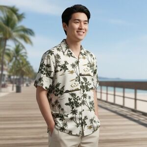 Vintage Hawaii Made Hawaiian‎ Shirt XL Palm Tree Print Mens Cream Button Down